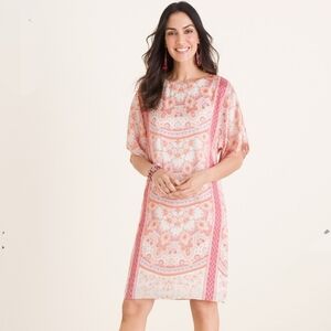 Chico's Pink Orange Scarf Print Paisley Shift Dress Size 12P Petite